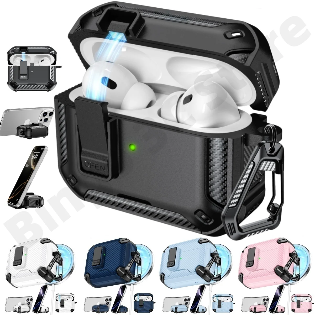 for Airpods 4 Case with Phone Stand Full Protective Automatic Snap Switch Lock with Keychain Case Cover for AirPods Pro 2/Pro