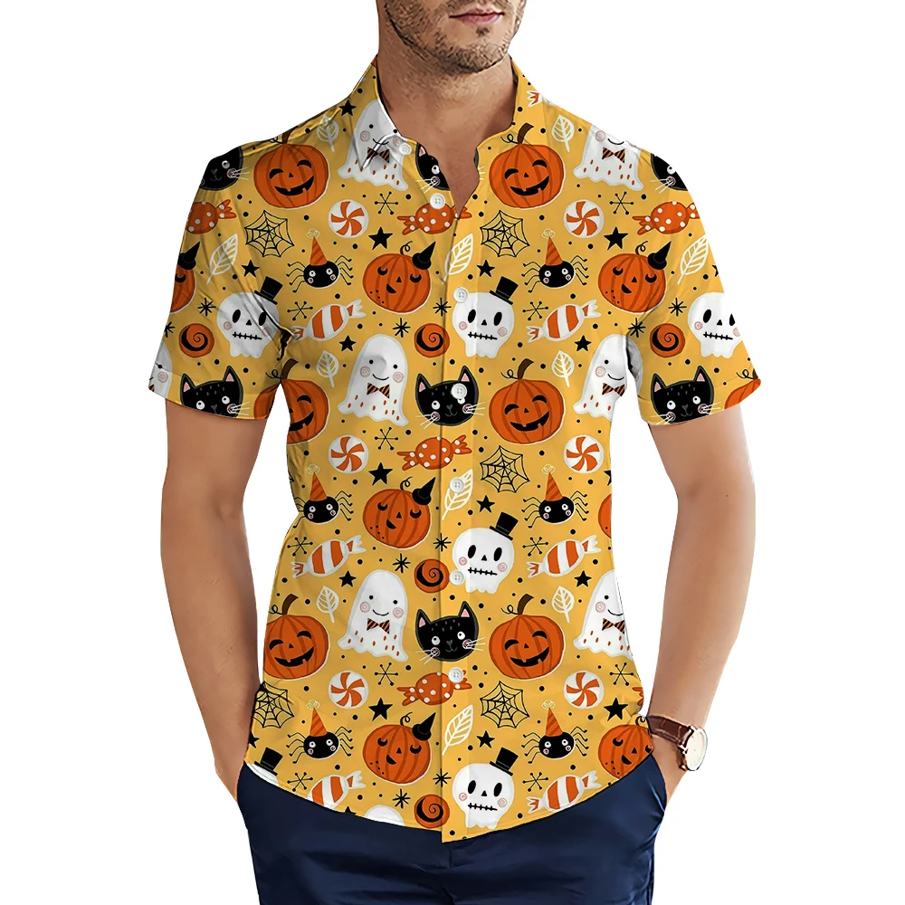 

CLOOCL Men Shirts Halloween Party Pumpkin Little Devil Graphics 3D Printed Blouse Short Sleeve Cardigan Fashion Hawaiian Shirts