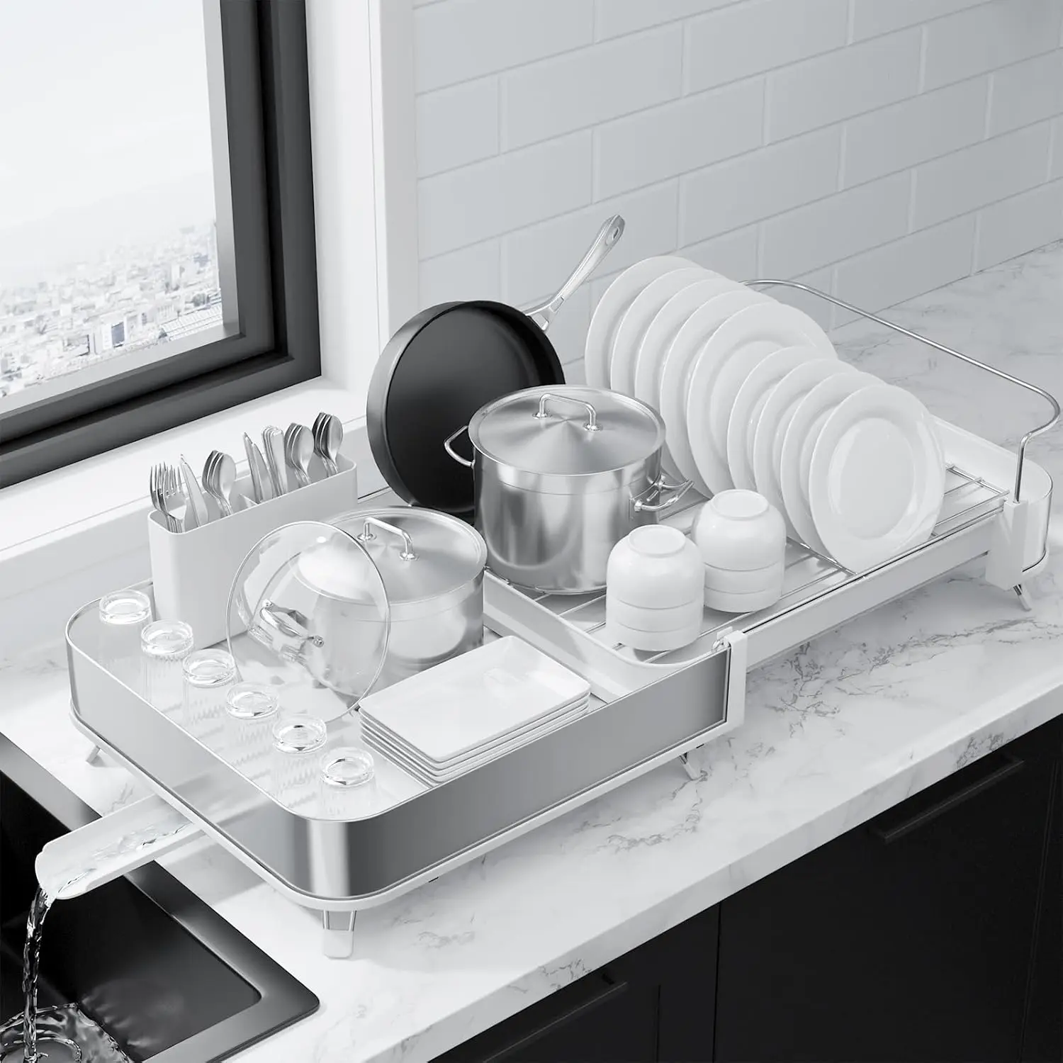 Countertop Dish Rack Metal Expandable 16.1-26.6 L X 12.6 W Inch for Kitchen Counter White
