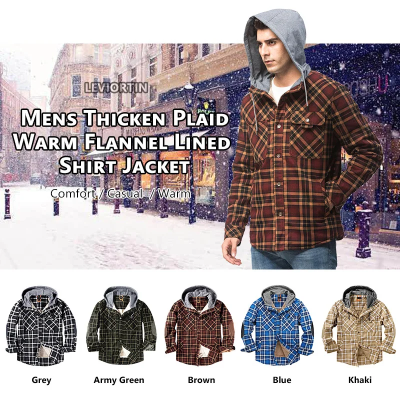 Mens Flannel Hoodie Jacket Casual Thicken Fleece Lined Flannel Shirt Long Sleeve Plaid Work Flannel Button Down Warm Winter Coat