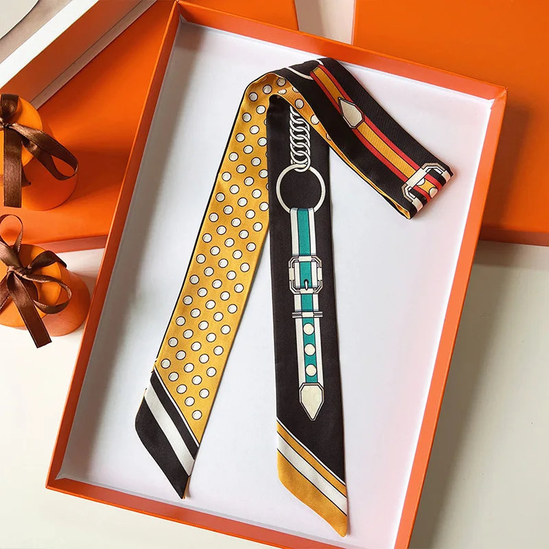 Bufanda de mujer, bufanda de seda delgada, diadema, cinturón, pañuelo con estampado de cadena, bolso con asa pequeña, cinta, pañuelo para la cabeza, bufandas y envolturas