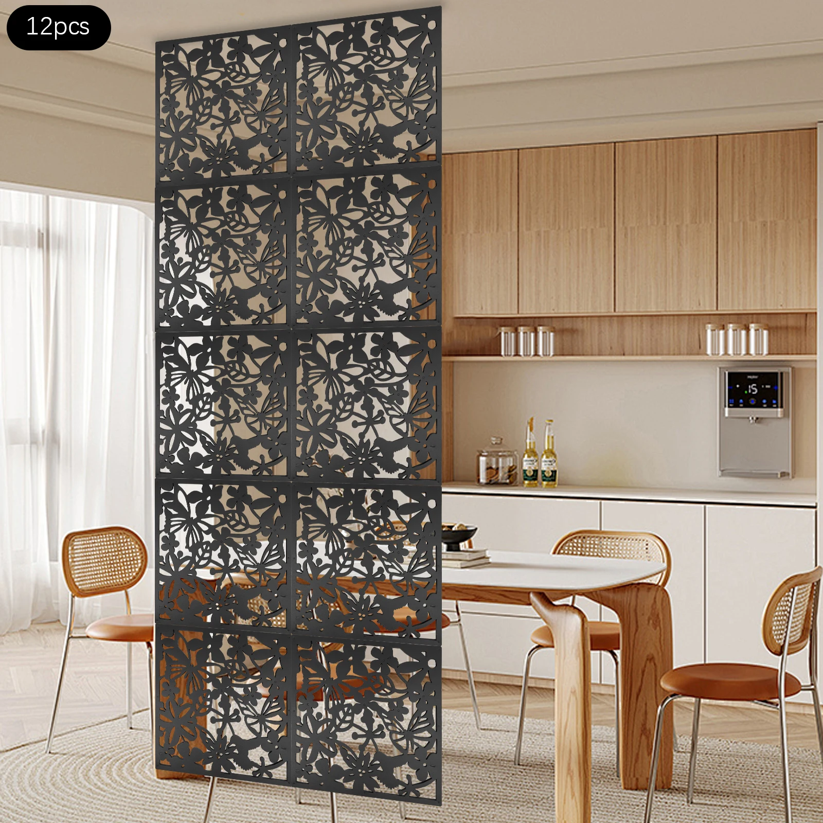 Biombo Decorativo con Diseño de Mariposas, Juego de 12 Piezas de Separador de Ambientes de PP con 48 Anillos de Hierro, Biombo Decorativo para Hogar u Oficina
