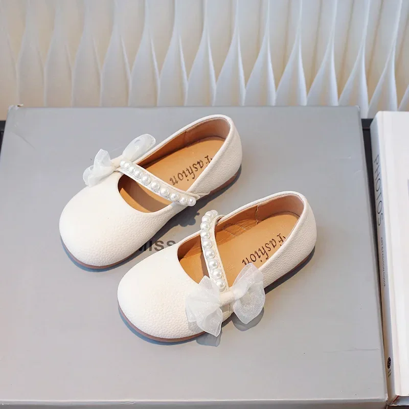 New Girl Princess Leather Shoes Chic Versatile Soft Elegant Fashion Lace Bowknot Beading Kid Loafers Wedding Slip-on Mary Janes