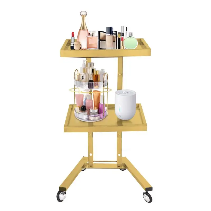 

Rolling Salon Tray On Wheels Adjustable Service Rolling Tray Hairdresser Trolley Cart Foldable Design 2 Tier Metal Rolling Cart