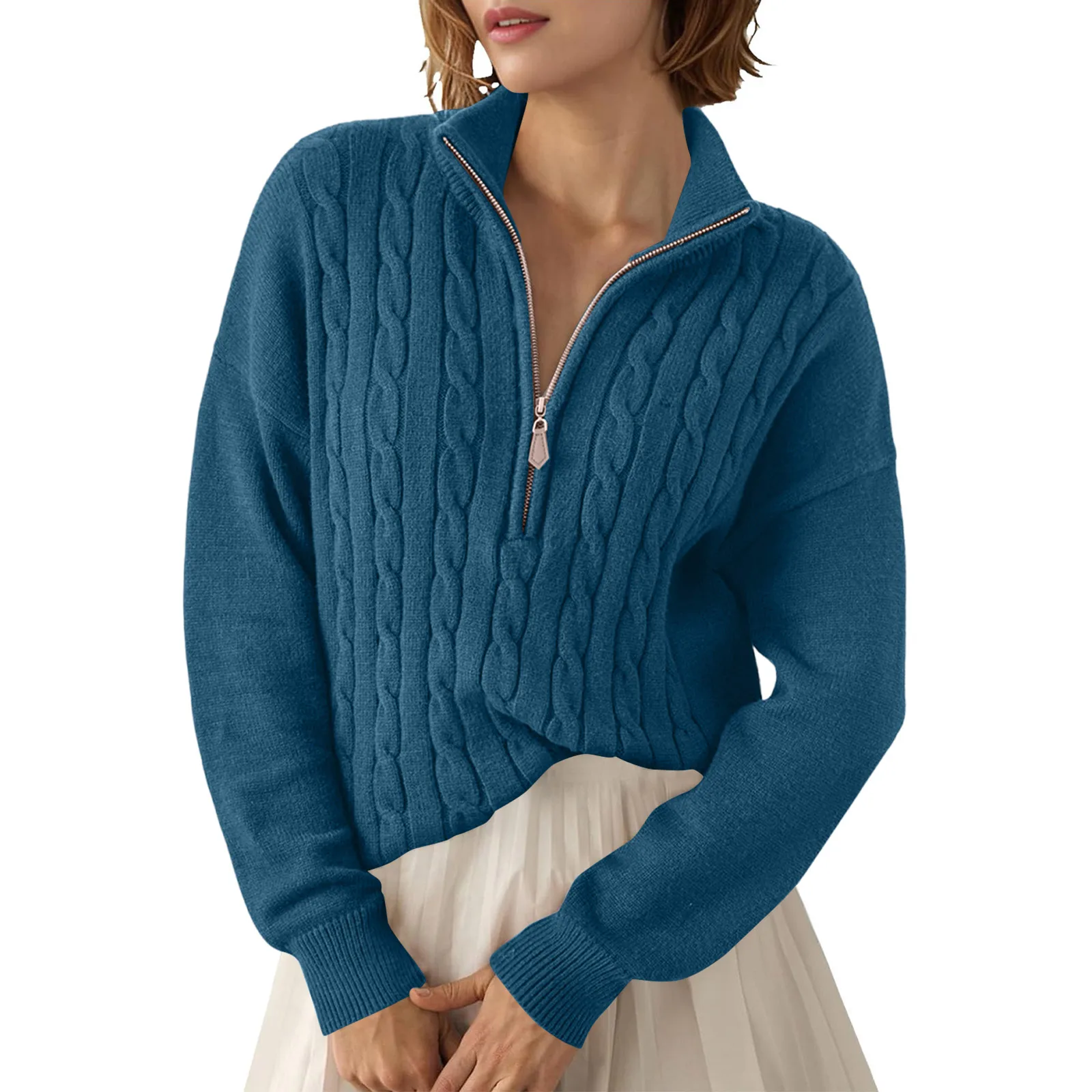 

Half Zip Loose Knit Sweater Ladies' Casual Solid Color Sweater Winter Outdoor Warm Hoodie Women'S Knitted Sweater