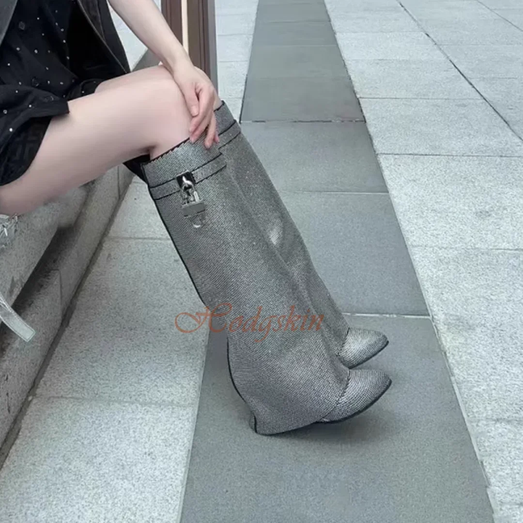 Stud Rhinestone Trouser Boots Pointy Toe Wedges Knee High Boots Lock Decor New Designer Women Shoes Winter Party Runway Bling