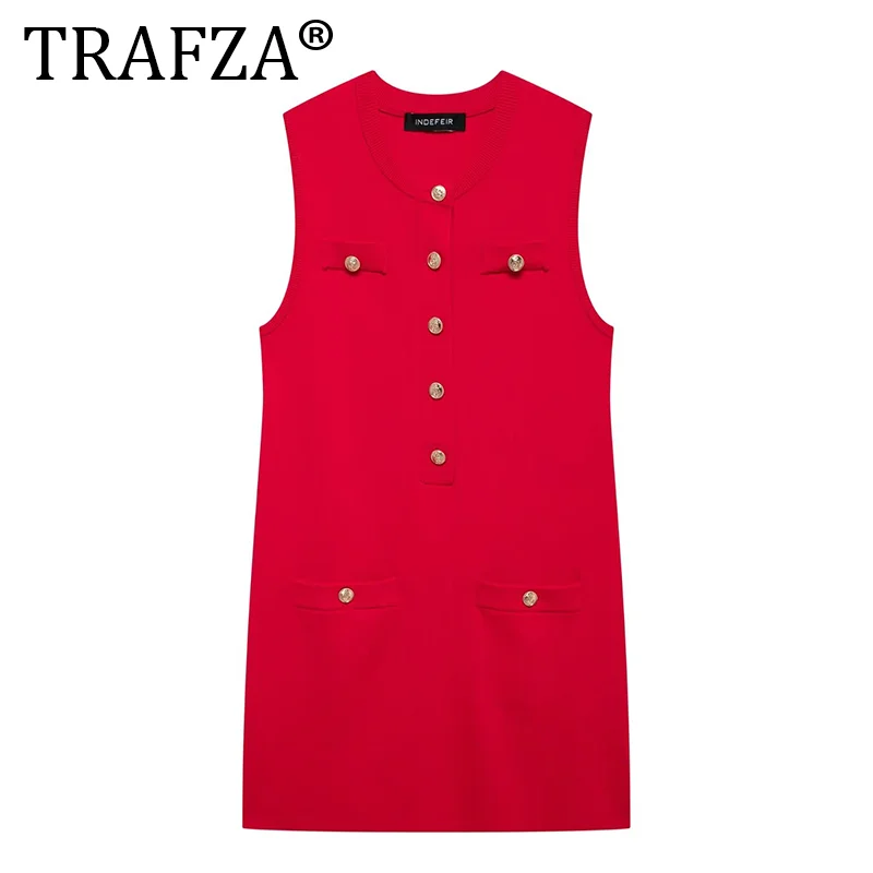 TRAFZA Vintage Chic Red Women Dress Solid O-Neck Sleeveless Single Breasted Mini Dress Fashion 2024 Autumn Holiday Sheath Dress