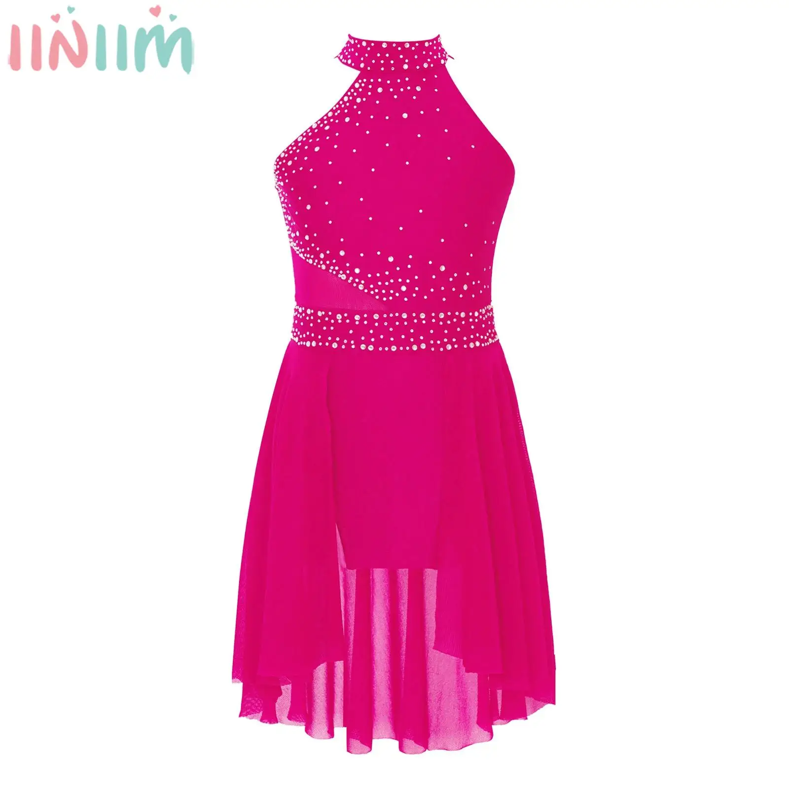 Bambini ragazze Costume da ballo lirico pattinaggio di figura balletto ginnastica body vestito senza maniche lucido strass maglia trasparente Dancewear