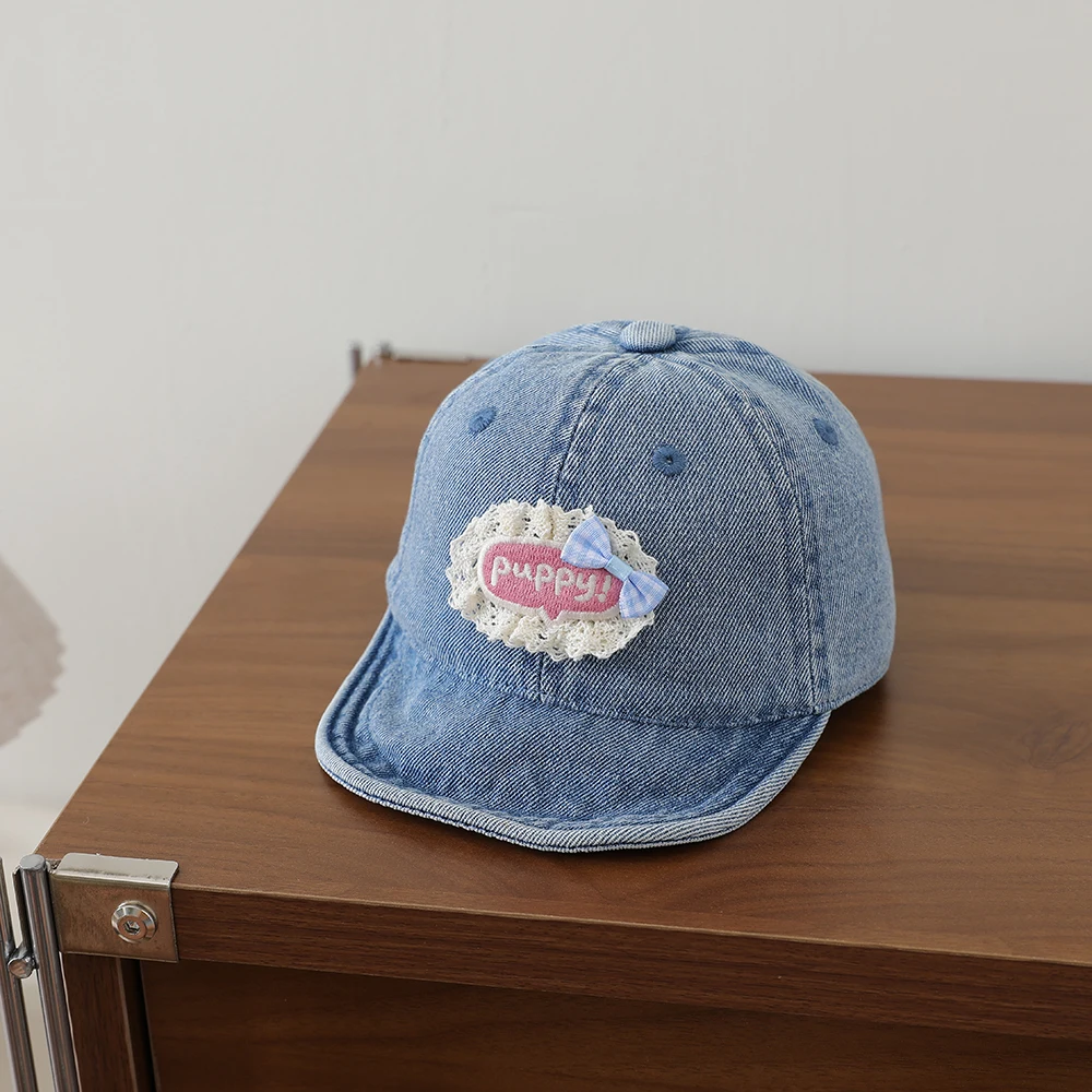 Sweet Style Patchwork Lettered Lace Edging Denim Kids Baseball Cap Washed and Antique Soft Brim Bowler Hat view 4