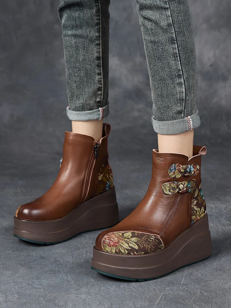 

Birkuir Mixed Colors Wedges Ankle Boots Women Printing Flowers Buttons Zip Thick Heel Boots Genuine Leather 8cm Platform Wedges