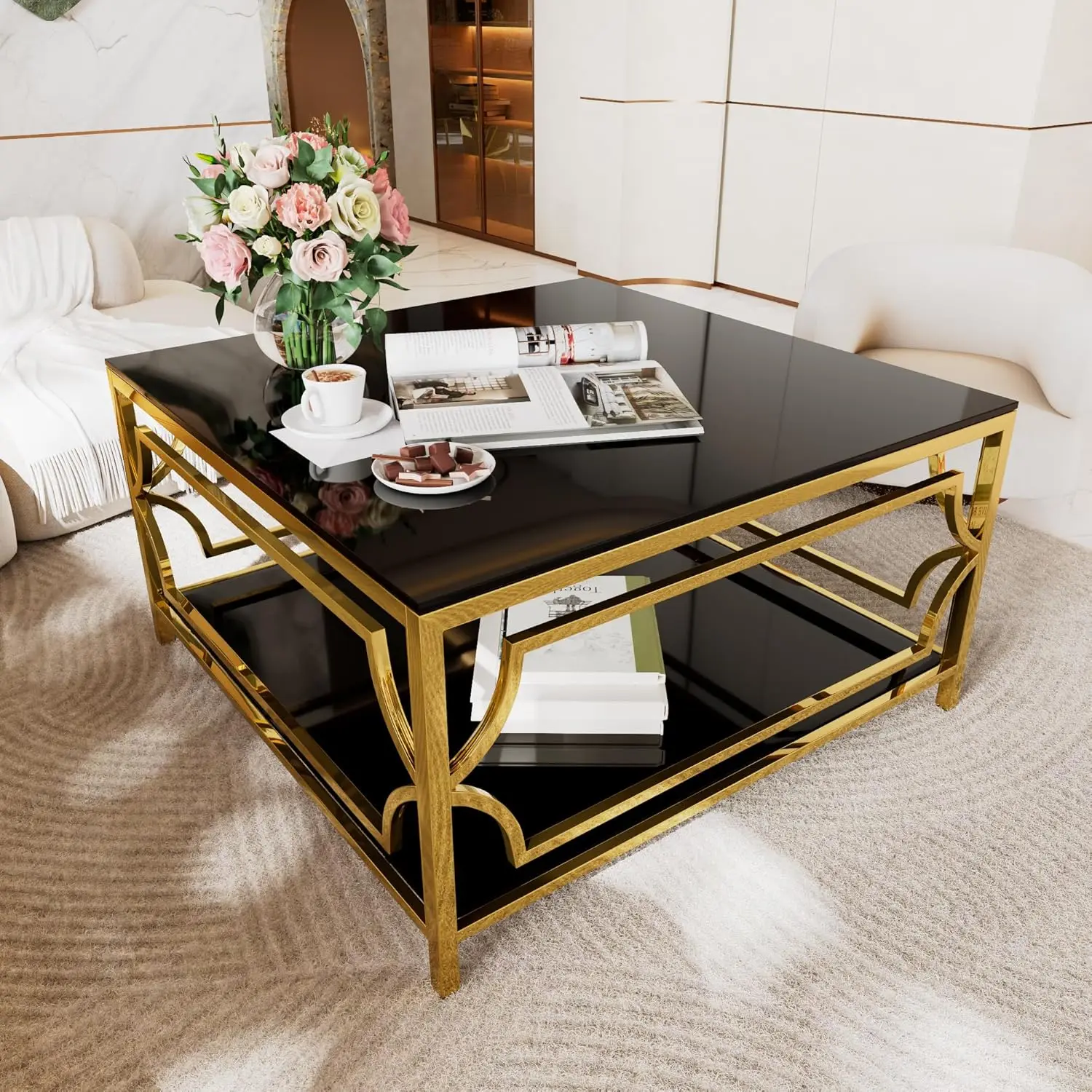 33.5" Modern 2-Tier Square Coffee Table - Glass Table with Metal Base, Center Accent Table for Small Space/Living Room/Bedroom