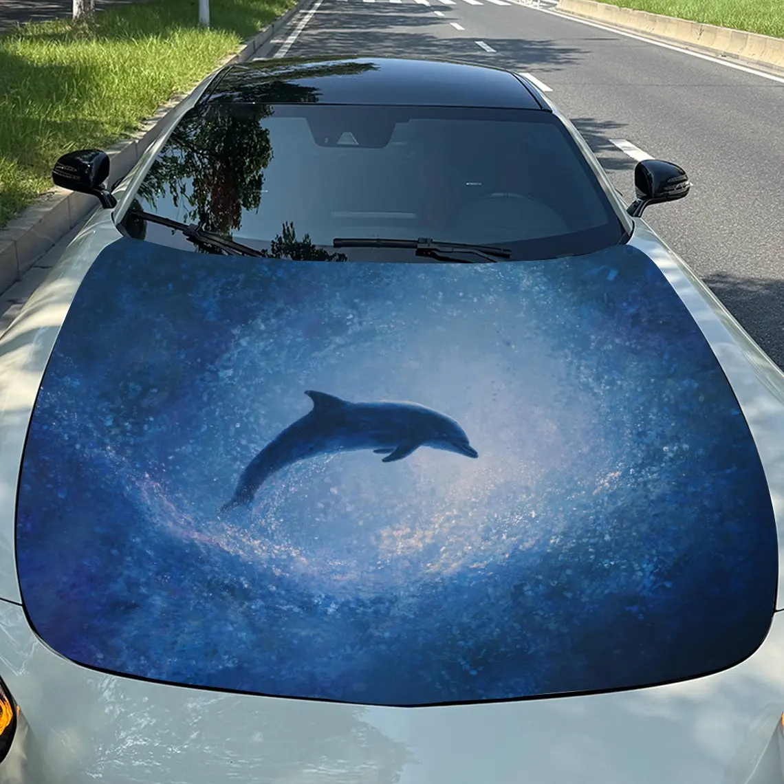 

Car Decals Dolphin Gliding in Gradient Blue Ocean with Sunlit Sparkles Car Hood Sticker, Waterproof Self - Adhesive Vinyl Graphi