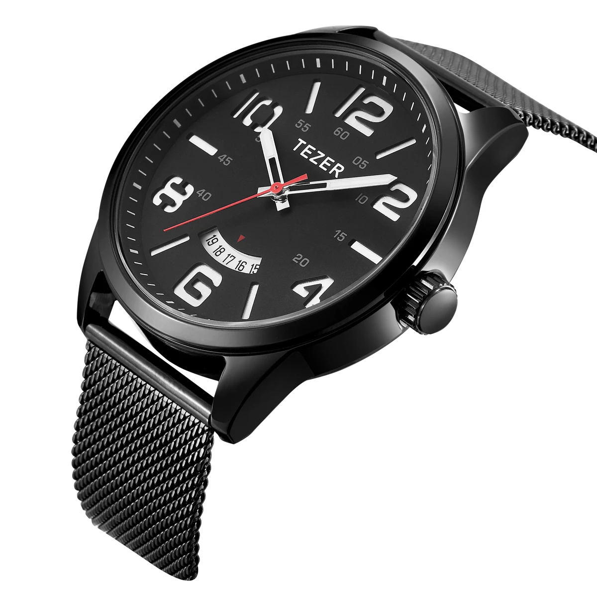 TEZER Men Casual Quartz Wrist Watch | Large Number Dial | Stainless Steel Mesh Band | Date Display | 30M Water Resistant