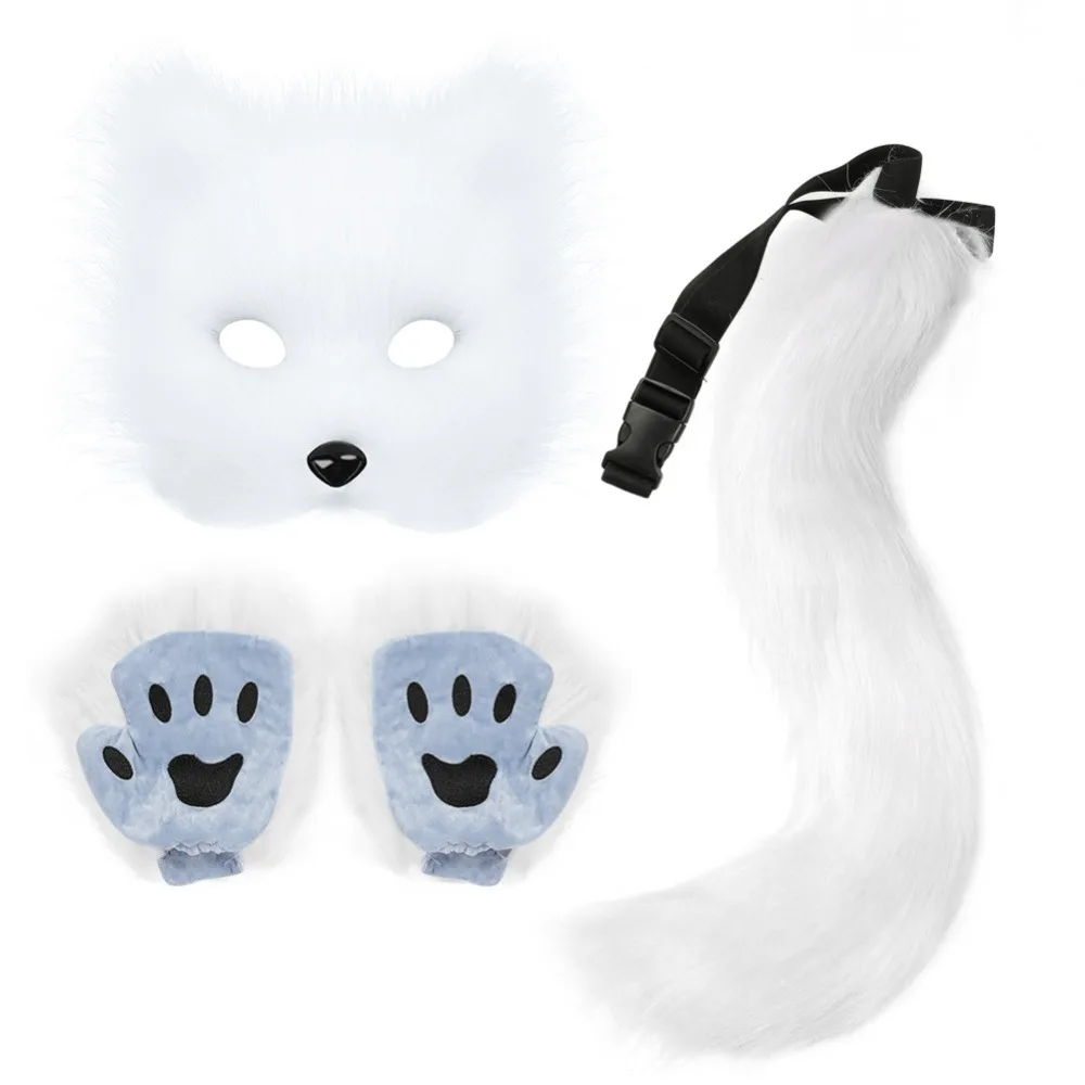 Handmade Cosplay Accessory Set Mask Paw Gloves and Plush Tail Halloween Masquerade Role Play Costume Props