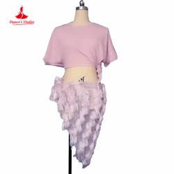 Belly Dance Practice Clothes for Women Short Sleeves Top+tassel Hip Skirt 2pcs Girl's Oriental Professional Suit Belly Outfit