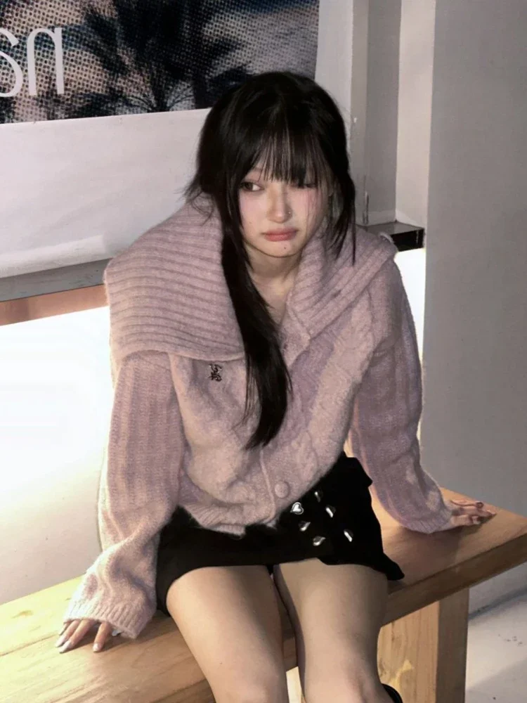 Deeptown Harajuku Pink Cardigan Women Vintage Knitted Cropped Sweater Korean Loose All-match Knitwear Tops Y2K Aesthetic 2000s