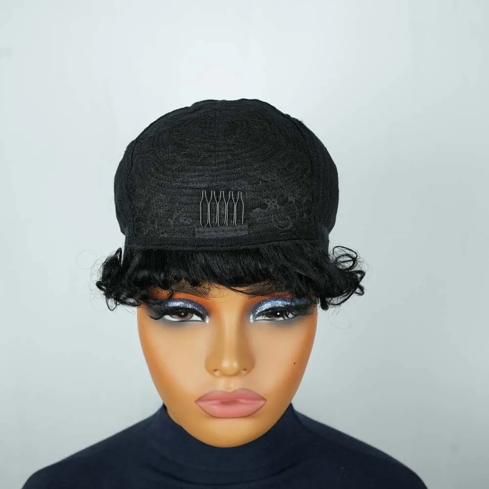 Krótkie kręcone peruki z ludzkich włosów dla czarnoskórych kobiet, kręcone peruki pixie cut z grzywką, peruki z włosów ludzkich Remy wykonane maszynowo do codziennego użytku.