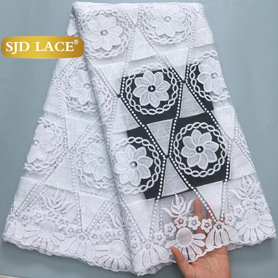 SJD LACE Pure White French Milk Silk Lace Fabric with Sequins 2025 Latest African Mesh Lace for Women Wedding Party Dresses Sew
