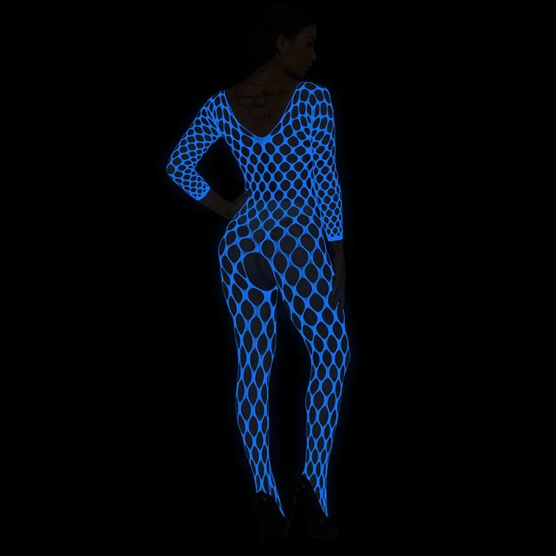 Women's Night Luminous Sexy Lingerie Long-sleeved Open Crotch Perspective Firefly Light Onesie Blue Light Onesie Net Socks  Coat