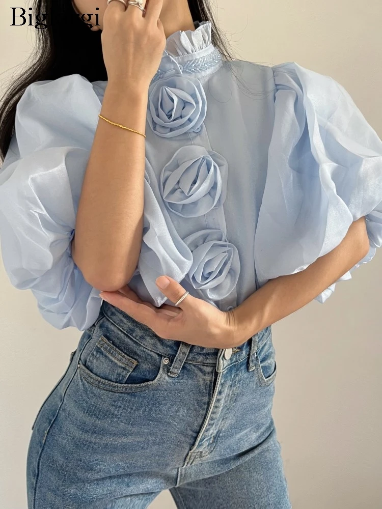 

Summer Shirts Women Flower Sweet Fashion Puff Short Sleeve Ladies Blouses Korean Style Loose Pleated Woman Shirt
