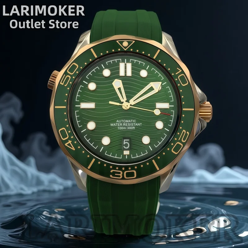 

Мужские роскошные автоматические часы LARIMOKER 41 мм, двухцветный корпус из розового золота, сапфировое стекло, зеленый циферблат, механизм NH35, резиновый ремешок