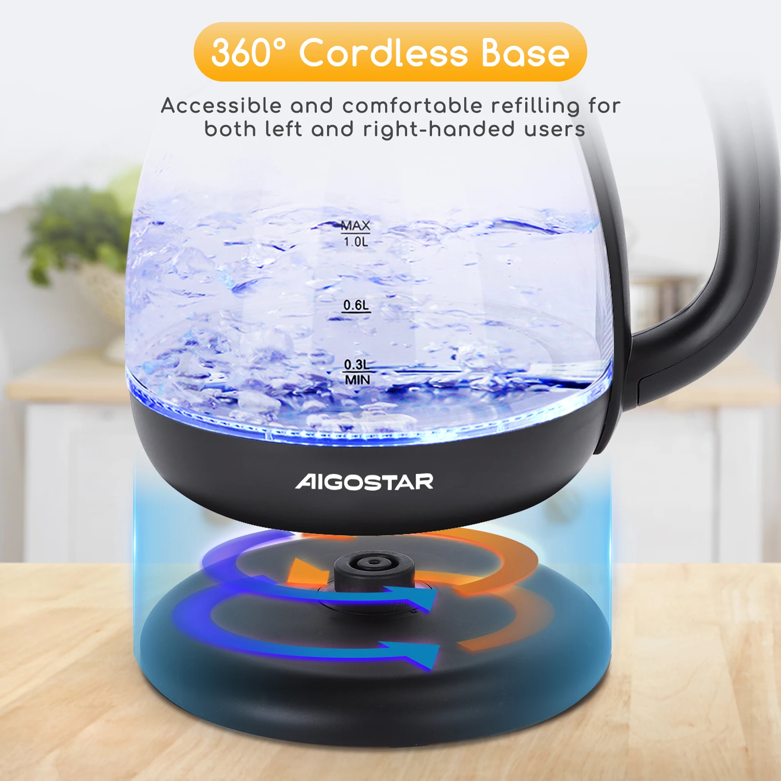 غلاية كهربائية زجاجية سعة 1 لتر مع إضاءة ليد ، نظام حماية من الغليان الجاف ، قاعدة ° ،