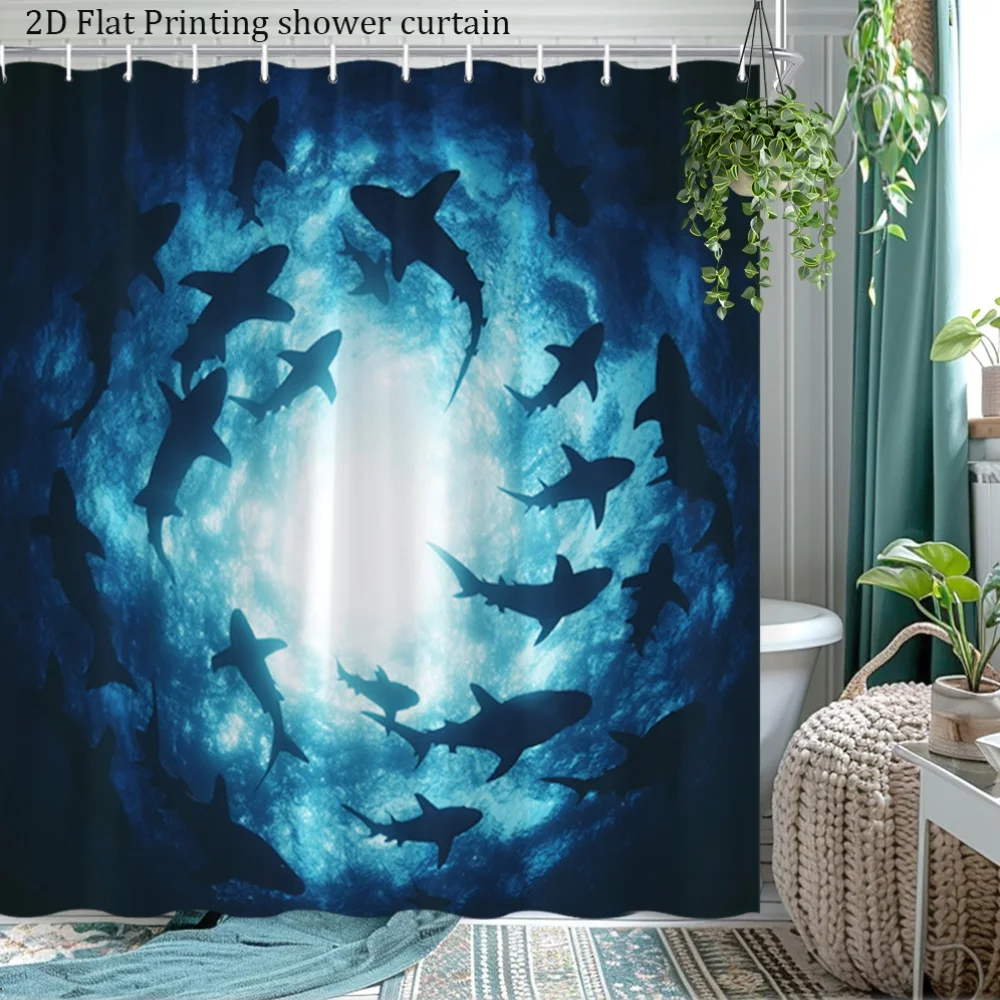 

Shark Shower Curtain Oceanic Underwater Scene Print Polyester Bath Curtain with Hooks for Marine Decor