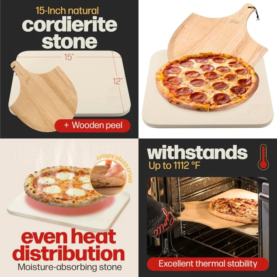 

PIZZA Pizza For Oven Baking BBQ Grilling With Free Wooden Peel Extra Large 15 x 12 Inch Durable Cordierite Cooking