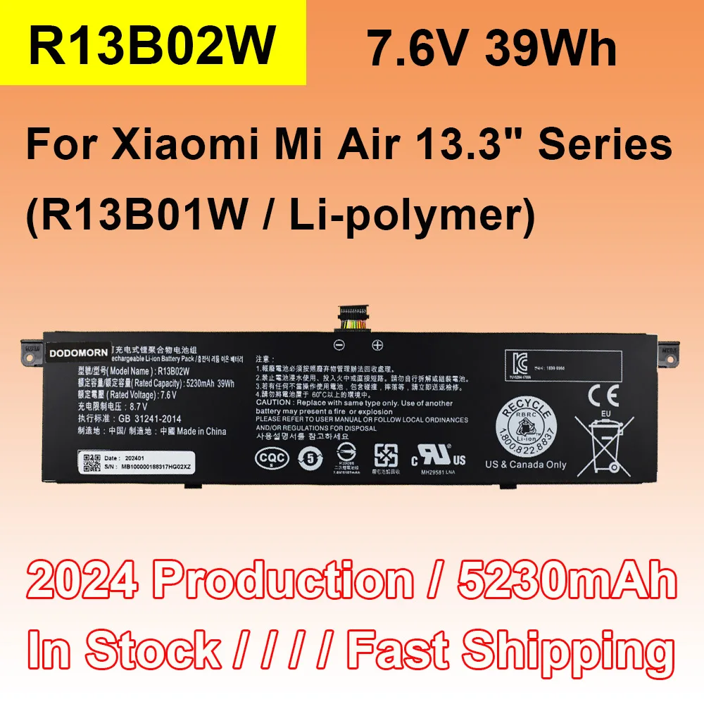 R13B01W R13B02W For Xiaomi Mi Air 13.3 inch Series Tablet PC Laptop Battery 7.6V 39Wh 5230mAh In Stock With Tracking Number