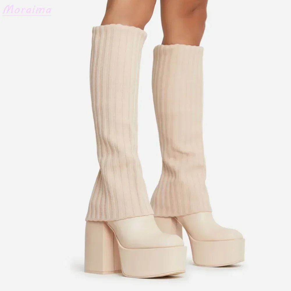 Layered Knit Platform Knee-High Boots Leather Block Chunky Heel Pointed Toe White Solid Modern Women Shoes New Arrivals Autumn