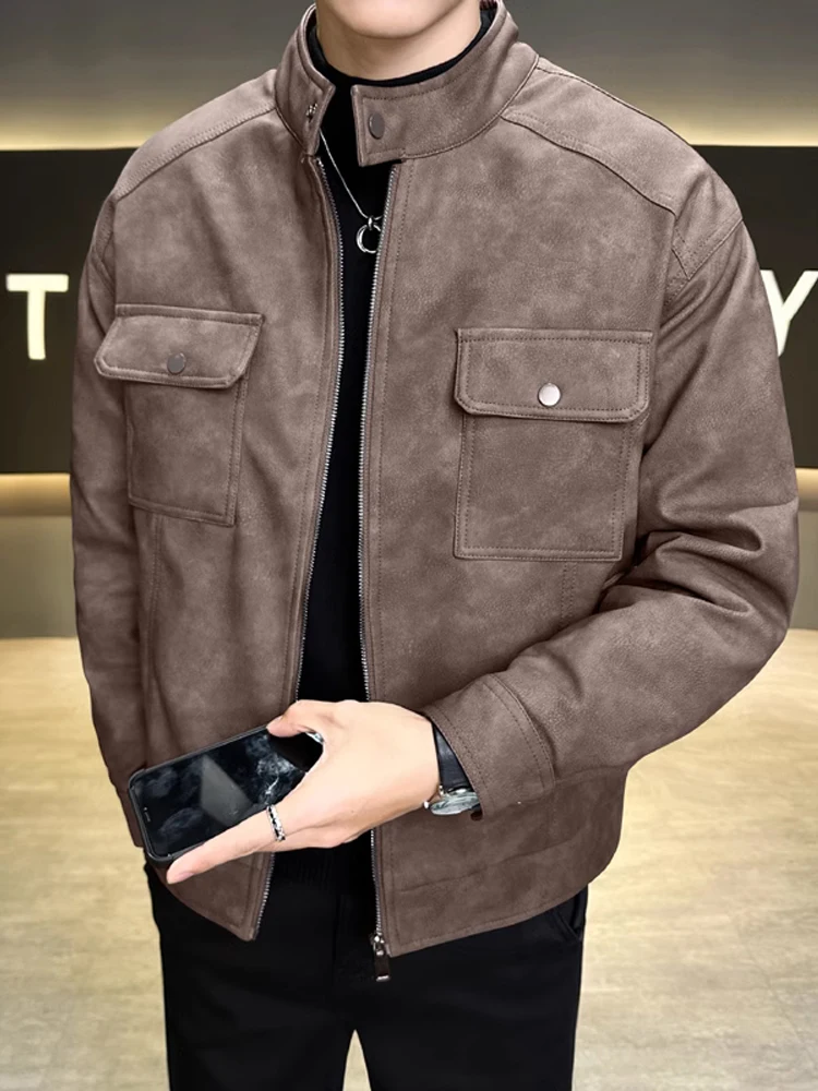 

Trendy ort Thiened Stand Collar Men's Leather Jaet down Coat White Du down Outerwear Youth ular Waterproof PU