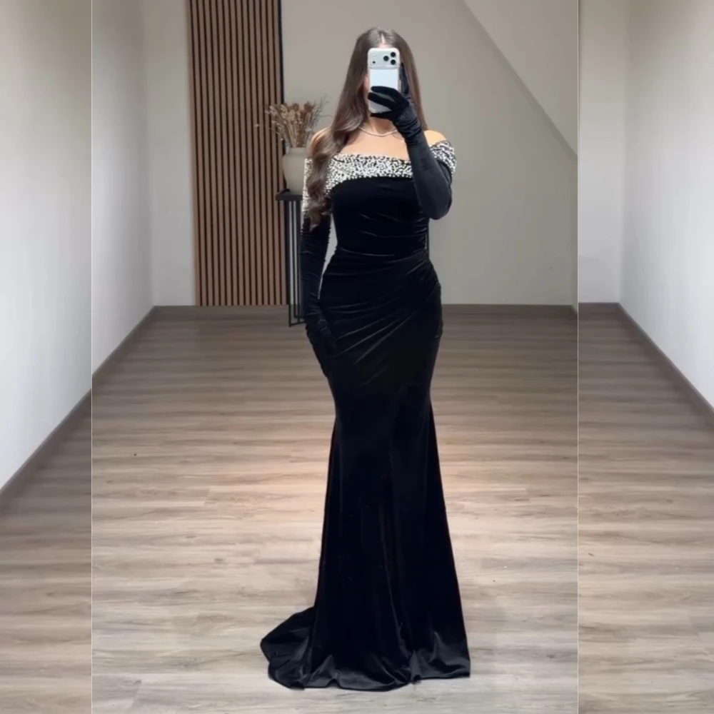

Customized High Quality Evening Dress Beading Bespoke Occasion Off-the-shoulder Black Mermaid Long Dresses Elegant Party Wedding
