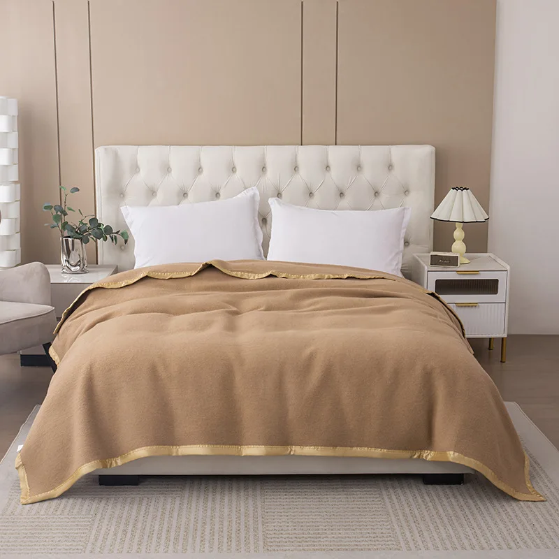 

100% wool super soft bed blanket high-end gold edge hotel wholesale special camel color