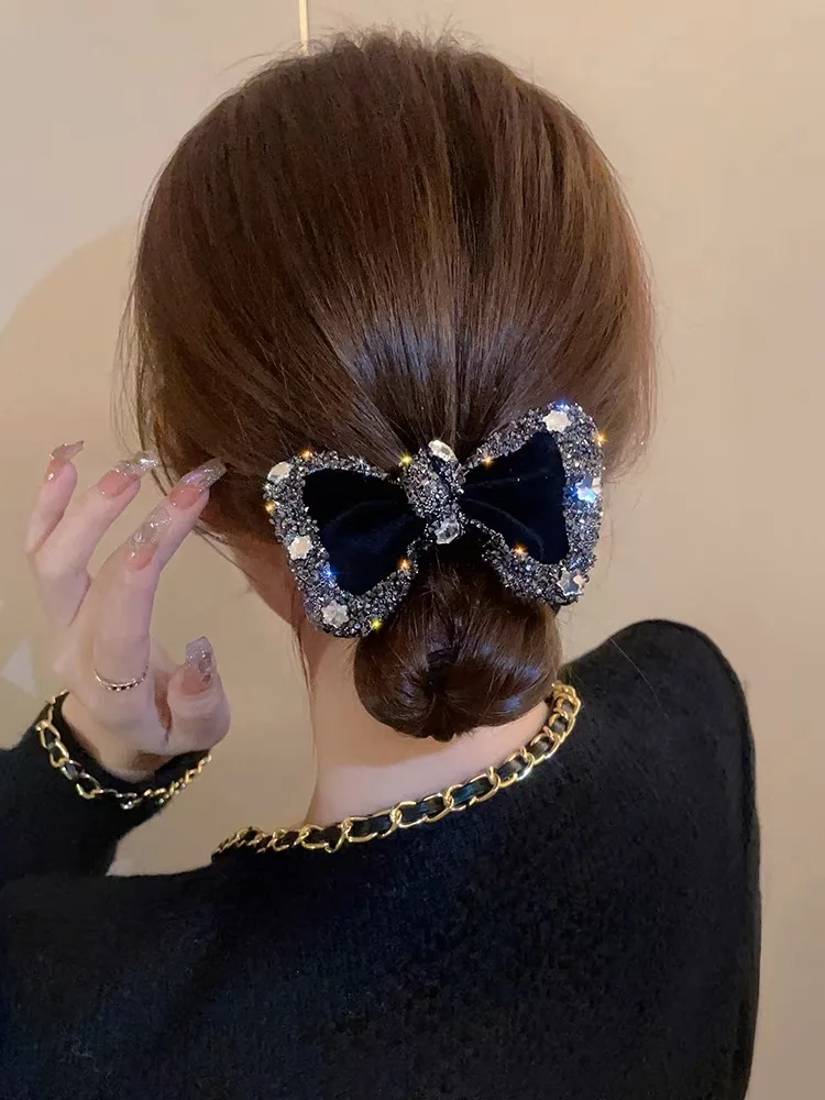 AWAYTR Rhinestones Bow Hair Ring Japanese Wavy Hair Tie Shiny Head Flower Tie Hair Rubber Band Korean Girl Women Head Rope