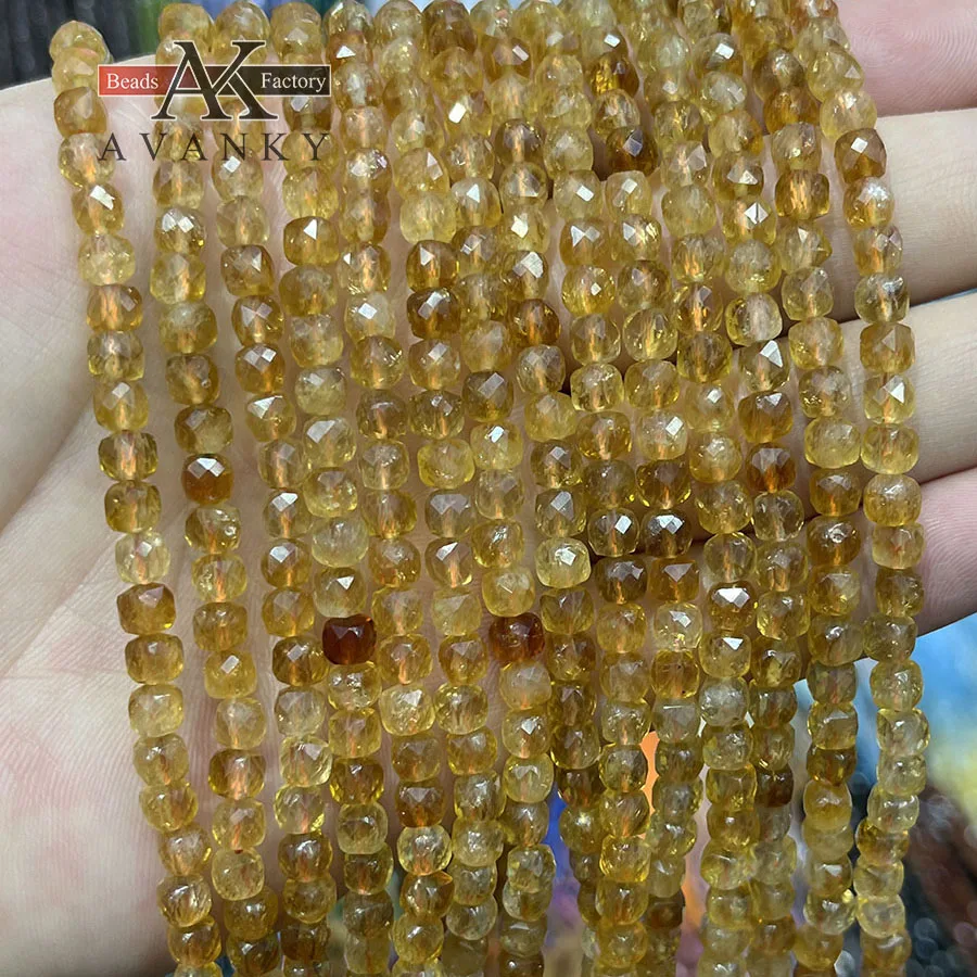 

Natural Crystal Citrine Handmade Faceted Cube Stone Loose Beads For DIY Jewelry Making Bracelet Necklace 15“ 4mm