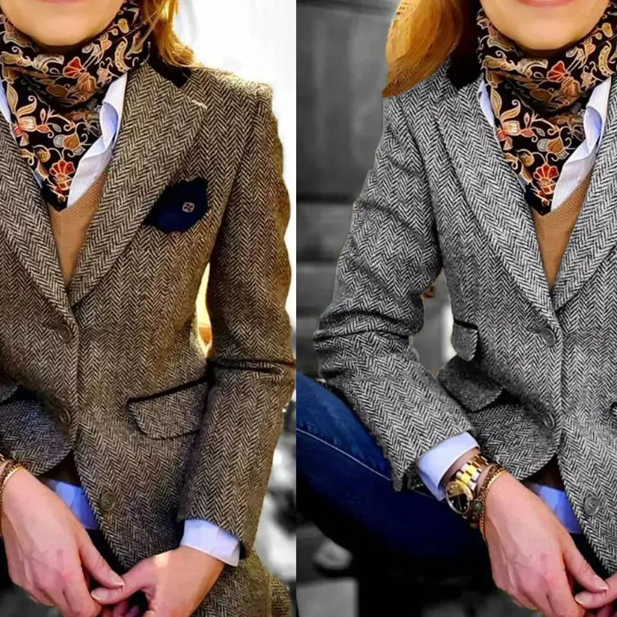 Herringbone Women Blazer Jacket Plus Size Winter Autumn Formal Outwear Coat Notch Lapel Customized Business Office Tweed Jacket