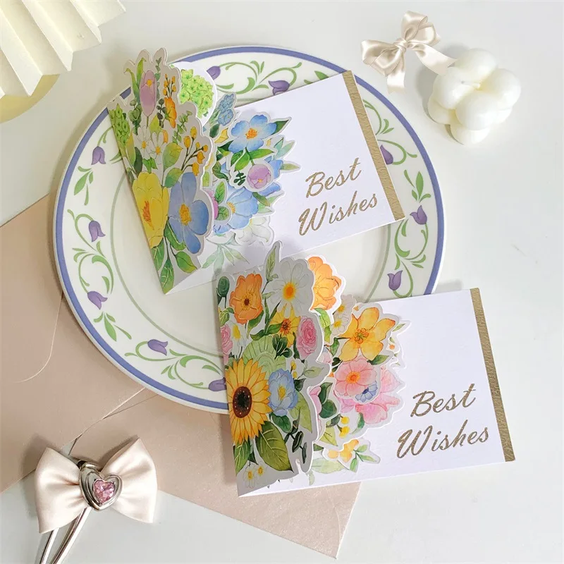 

3D Flower Blessing Card with Envelope Foldable Best Wishes DIY Handwriting Greeting Card Holiday Supplies Hot Stamping Rose Card