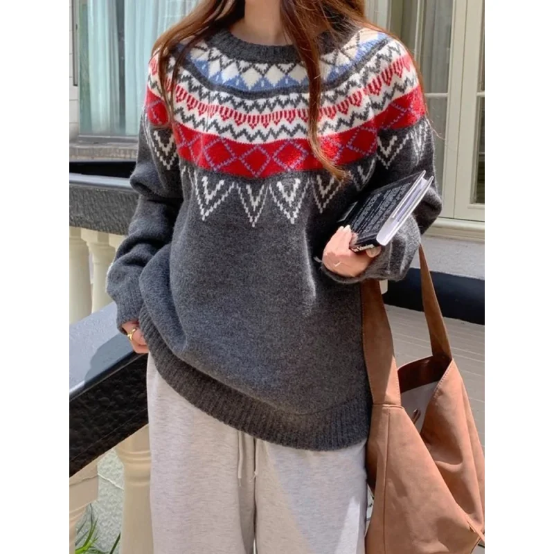 

Preppy Style Argyle Sweaters Women Vintage Oversize Loose Knitted Pullovers Korean Long Sleeve Patchwork Lady Sweet Tops