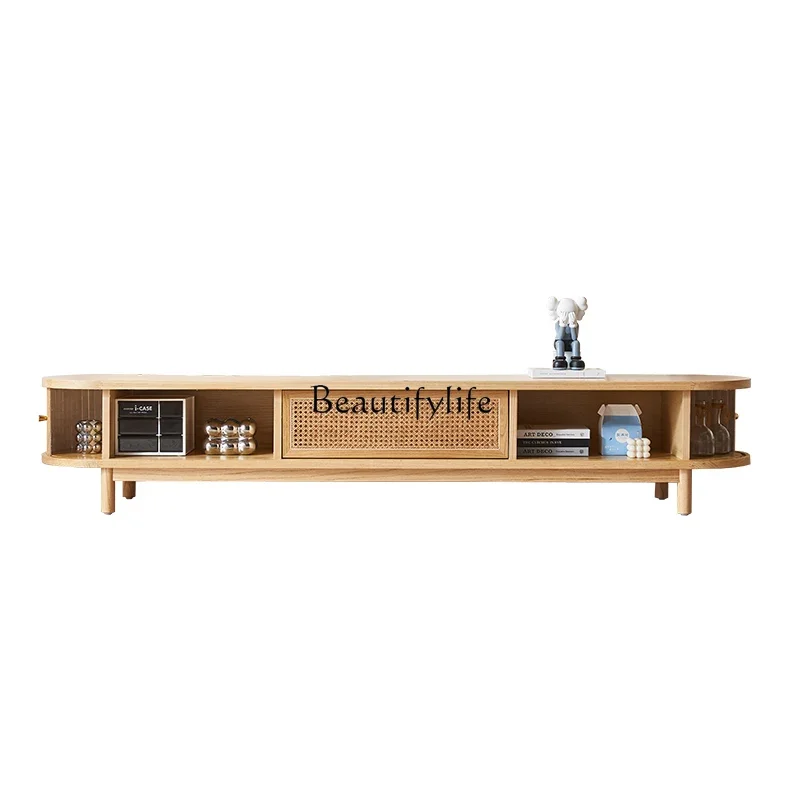

yj5Solid wood living room small apartment Nordic rattan Japanese log TV cabinet