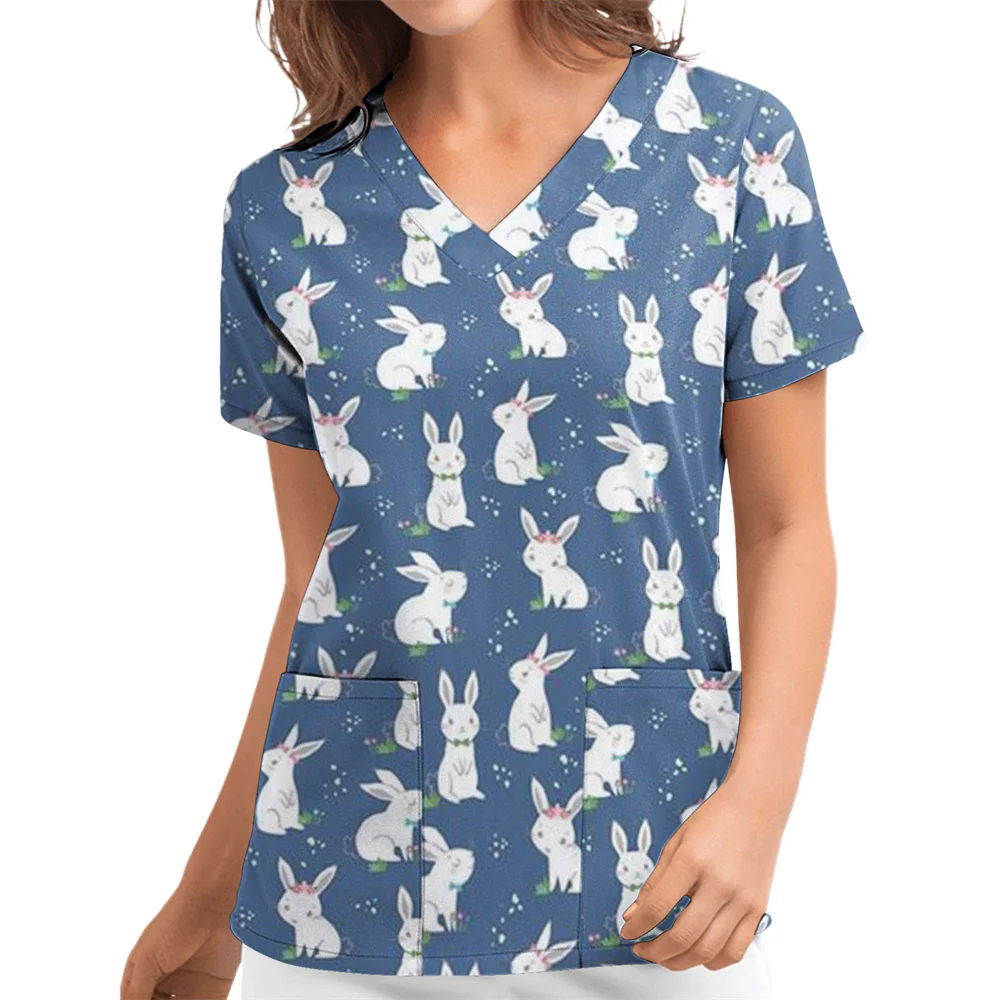 Women Short Sleeve V-neck Flower Pattern Top Nursing Working Uniform T-shirts Short Sleeve Blouse Pet Groming Veterinaria Tops