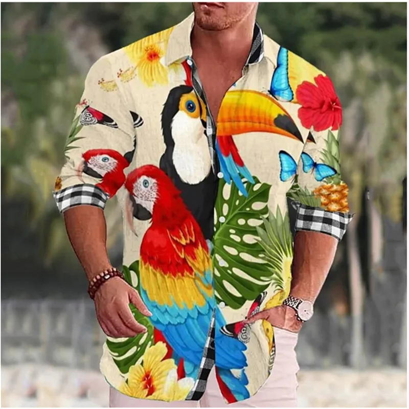 Camisa de manga larga con estampado 3D de loro para hombre, camisa de solapa de un solo pecho, ropa de calle al aire libre, informal de diseñador,