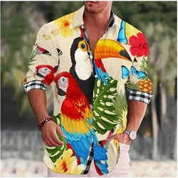 Camisa de papagaio manga comprida masculina, impressão 3D, peito único, lapela, exterior, rua, roupas de grife, moda casual, 2023