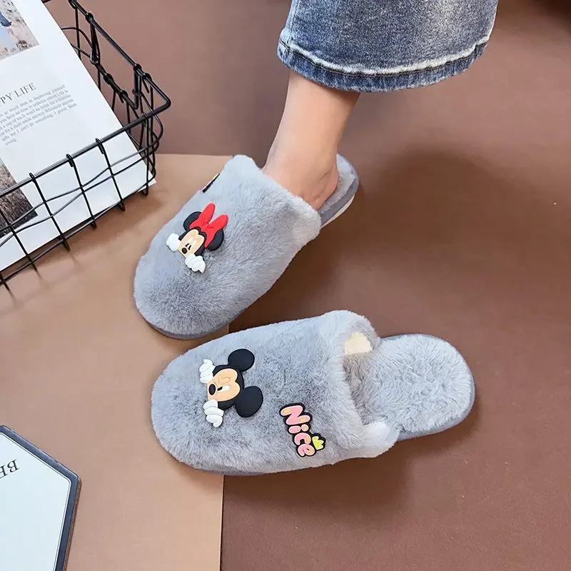 Disney Mickey Minnie Home Slippers Couple Winter Fluffy Furry Women Shoes Cute Cartoon Men Plush Slides Non-slip Floor Slipper