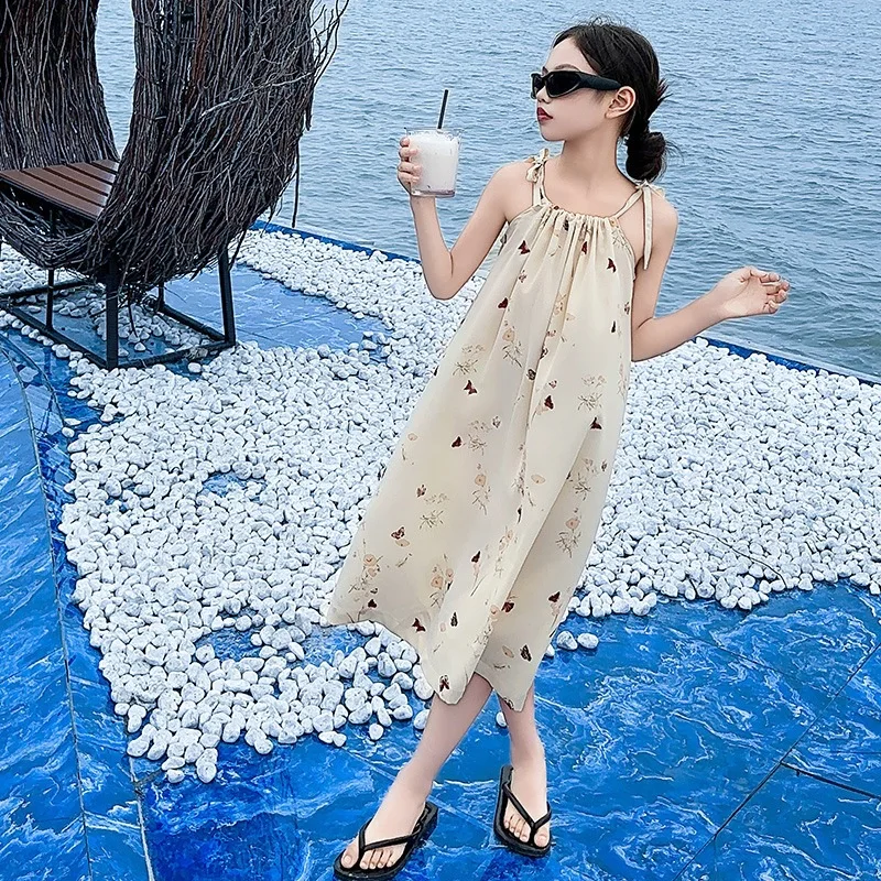 Baby Girl Dress Girls 2024 Summer New Butterfly Slip Dress Big Children Floral Dress A-line Skirt Long Skirt Beach Skirt image 5