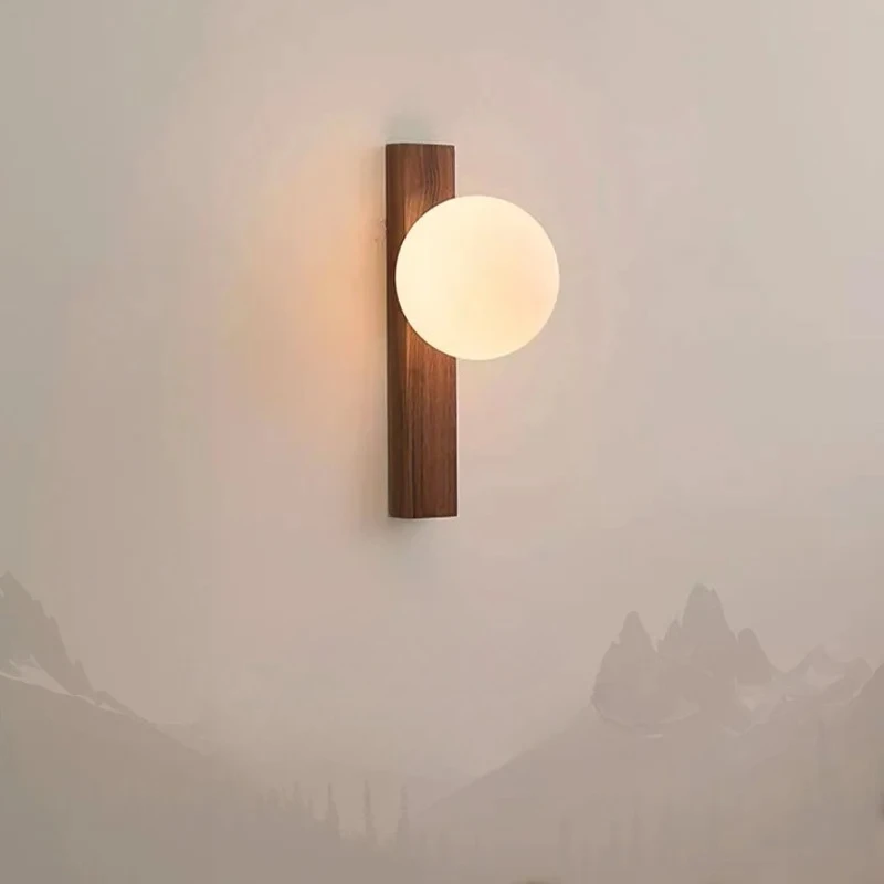 Modern Walnut Wood Wall Light Milk White Glass Sphere Sconces for Bedroom Living Aisle Balcony Bedside