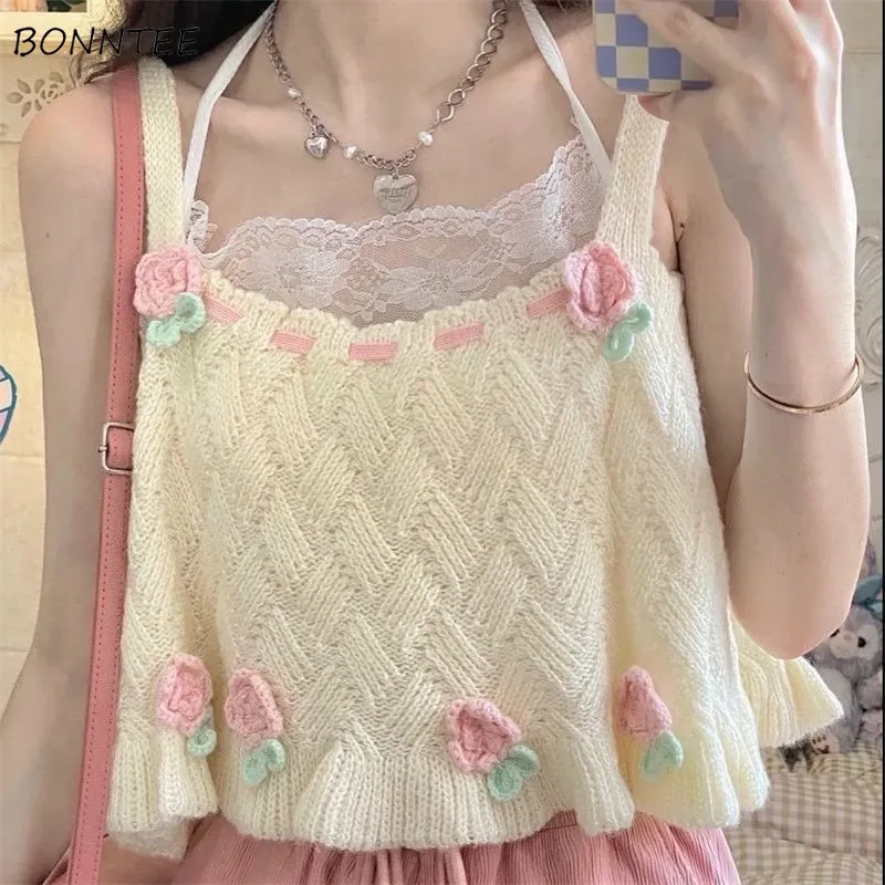 Short Sweater Vests Women Floral Sweet Lovely Embroidery Knitted Spring Summer Tops All-match Loose Female Chic Park Gentle Ins