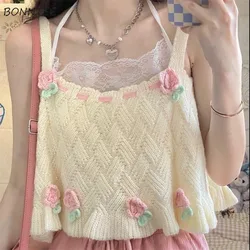 Short Sweater Vests Women Floral Sweet Lovely Embroidery Knitted Spring Summer Tops All-match Loose Female Chic Park Gentle Ins