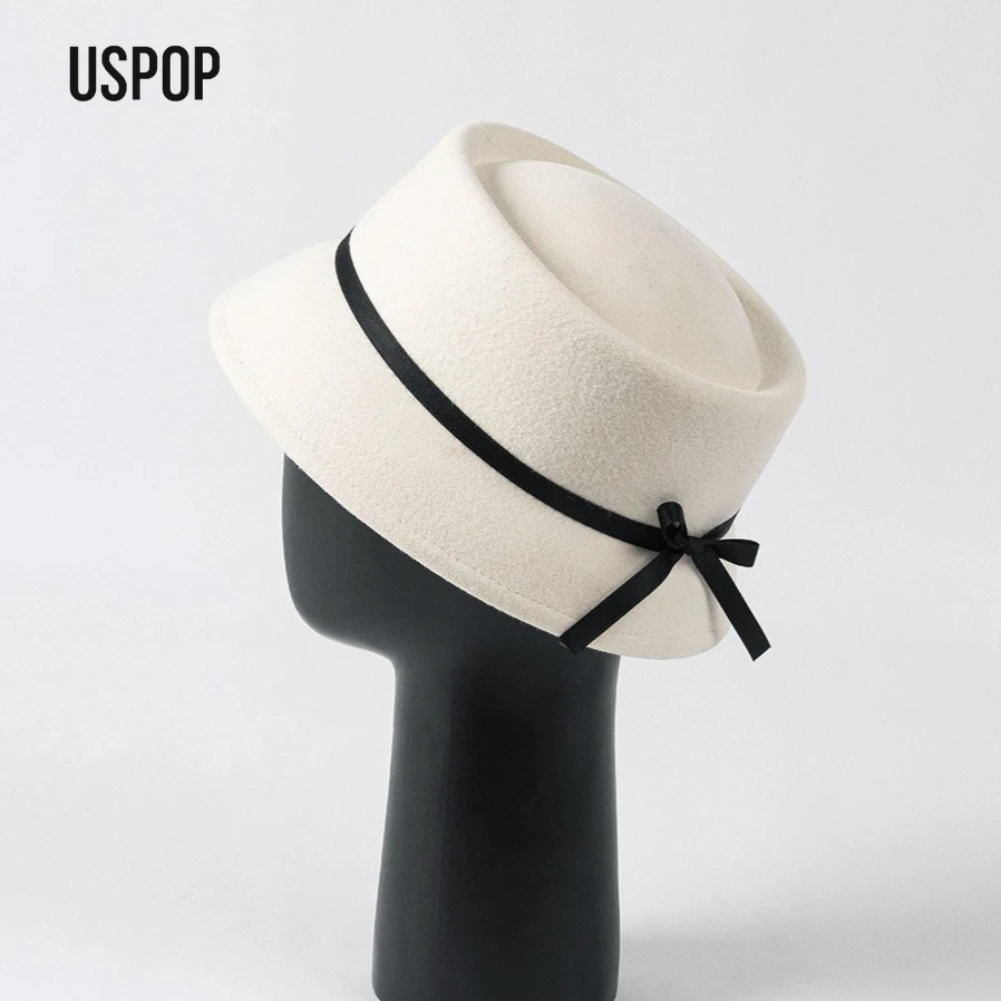 USPOP Autumn Winter Women’s Vintage Wool Cloche Bucket Hat with Round Crown Elegant Warm Felt Bowler Hat with Ribbon Bow