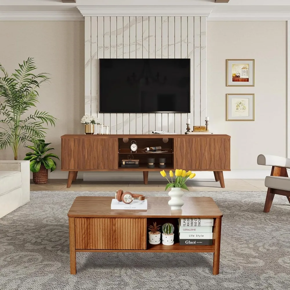 Mid Century Modern Coffee Table with Storage, Light Wood Finish, Rustic Fluted Design, Low for Living Room Use