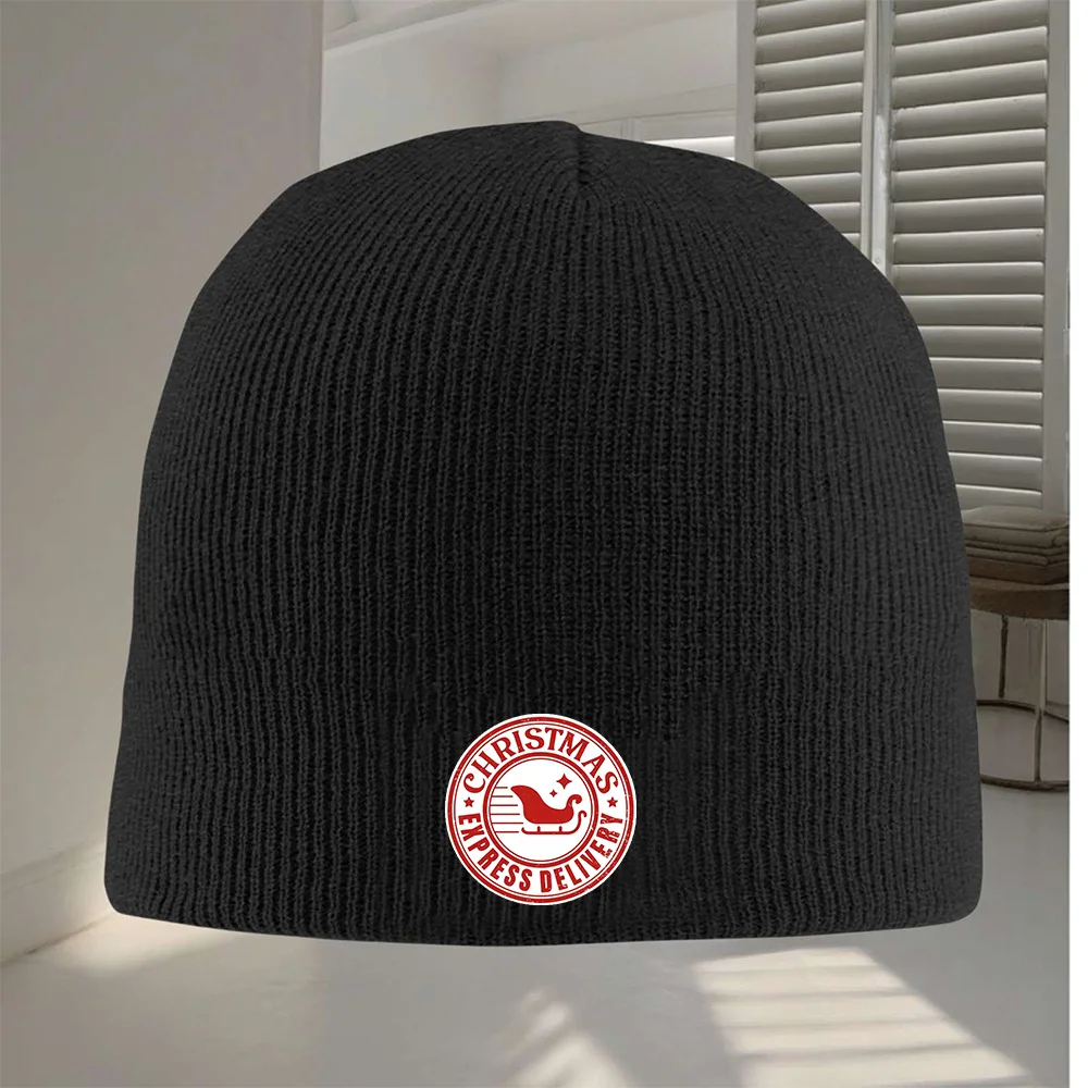 1pc Christmas Express Beanie Hat Stylish Knit Ski Cap Windproof Warm for Men Women Acrylic Blend Headgear Print Winter Hat